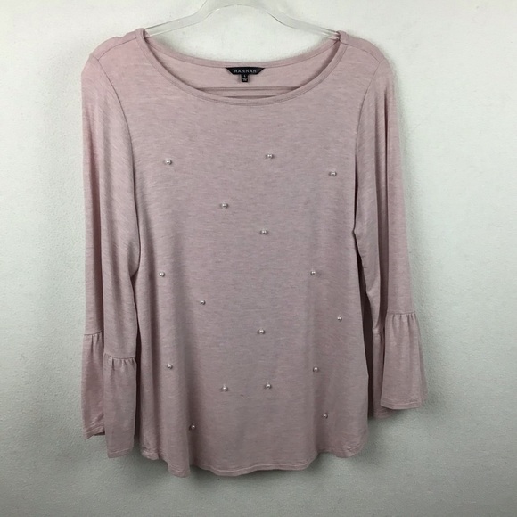 Hannah blush pink pearl studded bell sleeve jersey top. Large. - Picture 1 of 7